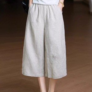 Cotton Linen Wide Leg Cropped Pants Women Elastic Waist Loose Fit Casual Artistic Retro Style Beige White Yellow Purple Black - Product Image 1