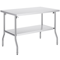 Table de préparation commerciale pliante en acier inoxydable à double étagère de qualité OEM, avec pieds renforcés