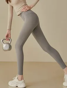 High Waist Full Length <b>Seamless</b> Yoga <b>Leggings</b> Solid Gray Four-Way Stretch Women's Activewear Pants - Product Image 3