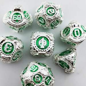 Dés de jeu de table DND TRPG en alliage de zinc, polyédriques, écologiques, durables, 7 pièces, argent poli, vert vif, engrenage creux, style steampunk - Product Image 1
