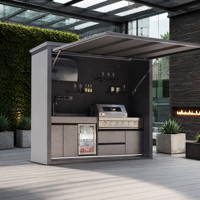 Îlot de cuisine de patio abrié en acier inoxydable 304 avec grill, réfrigérateur, protection contre la pluie et le vent, intérieur spacieux et bande lumineuse LED