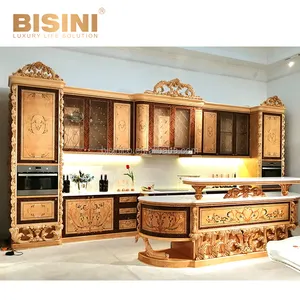 Lüks klasik avrupa tarzı ahşap oyma Boulle çalışma Marquetry kakma mutfak dolabı