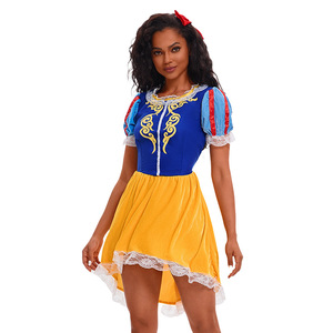Costume de cosplay Blanche-Neige, robe bleue et jaune avec nœud rouge pour femme, idéal pour les spectacles et jeux de rôle 2025 - Product Image 2