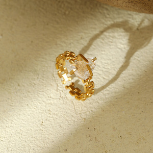 Bagues ouvertes réglables en acier inoxydable pour femmes avec pierre naturelle plaqué or 18 carats cadeau de fiançailles étanche - Product Image 2