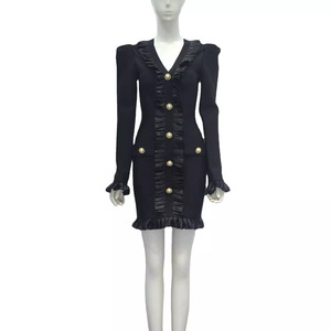 <span class=keywords><strong>Abito</strong></span> aderente da donna a manica lunga con scollo a V <span class=keywords><strong>nero</strong></span> Mini fascia con rifiniture con volant <span class=keywords><strong>abito</strong></span> <span class=keywords><strong>corto</strong></span> Casual da festa - Product Image 3