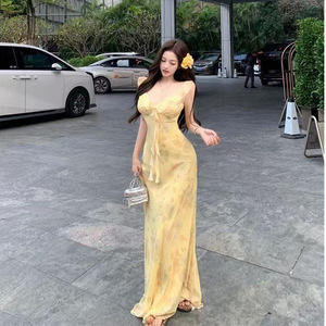 Yellow Floral Print Sundress Sweetheart Neck Long Dress Tight Waist Slimming Holiday Celebration Leisure Wear - Product Image 1
