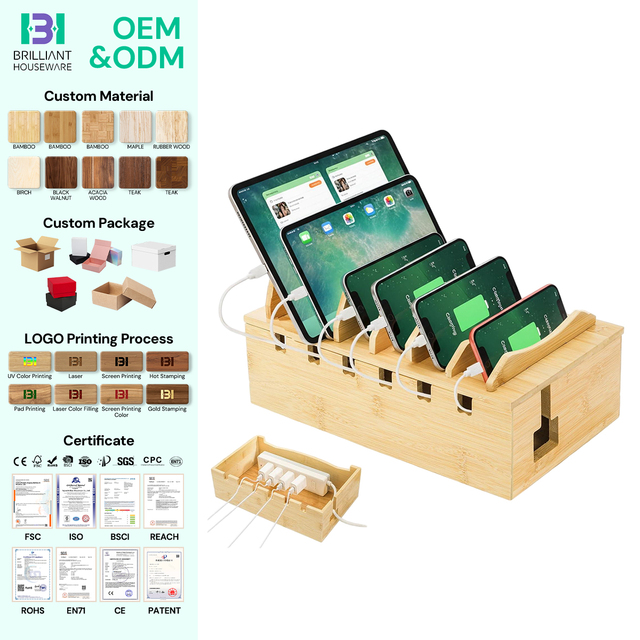 BH Docking Stations Stand Desktop Charging Organizer Bamboo Charging Station with Removable Divider Slots for 6 Devices