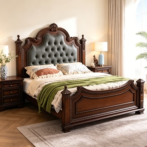 Traditional Queen Size Upholstered Wooden Bed with Genuine Leather Headboard and Carved Frame - Product Image 1