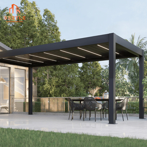 Toit de pergola électrique en aluminium réglable <span class=keywords><strong>5x4</strong></span> ensemble de montage mural LED cadre enduit de poudre résistant à la pourriture naturelle pour terrasses - Product Image 5