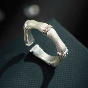 Chinese Style Bamboo Joint Open <b>Ring</b> <b>Silver</b> Micro Pave Zircon <b>Adjustable</b> For Women Index Finger - Product Image 1