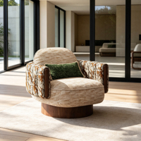 Fauteuil pivotant rétro à imprimé floral, fauteuil rembourré en tissu mélangé, base rotative en bois, fauteuil lounge pour salon de villa