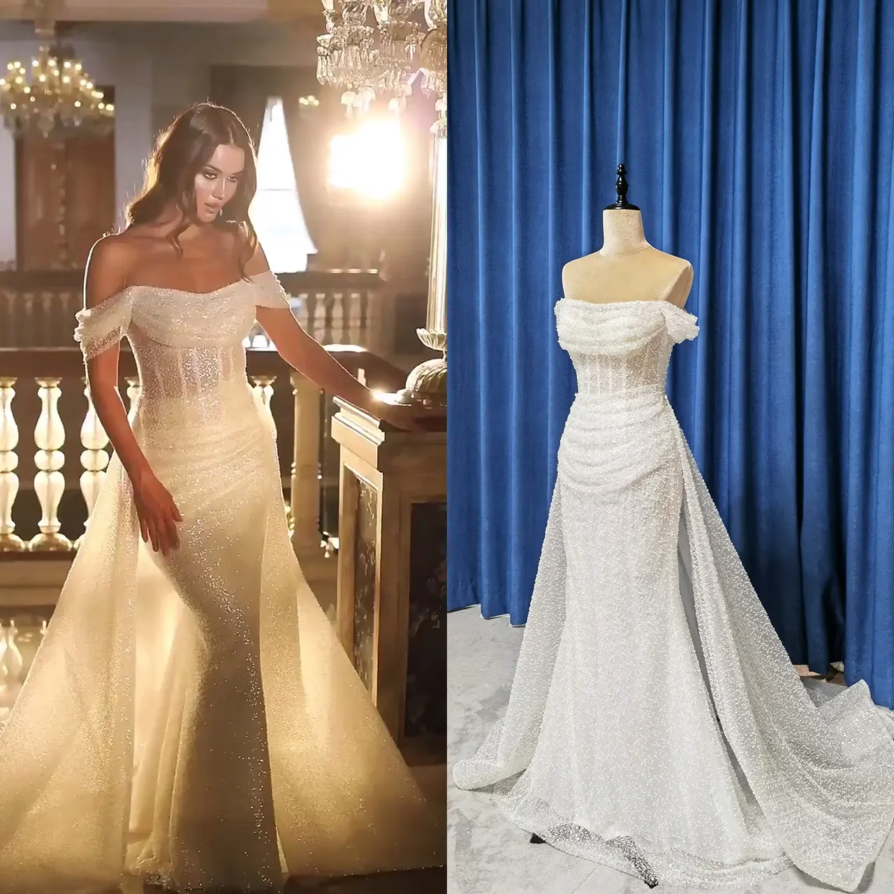New Design Hot Sale Mermaid Wedding Dress in Beaded Shiny Fabric with Detachable Train 2022