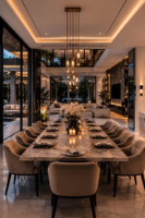 Lit King Size de Luxe, Ensemble de Table à Manger Moderne, Armoire de Cuisine, Service de Design d'Intérieur Professionnel, Villa Contemporaine de Luxe en 3D
