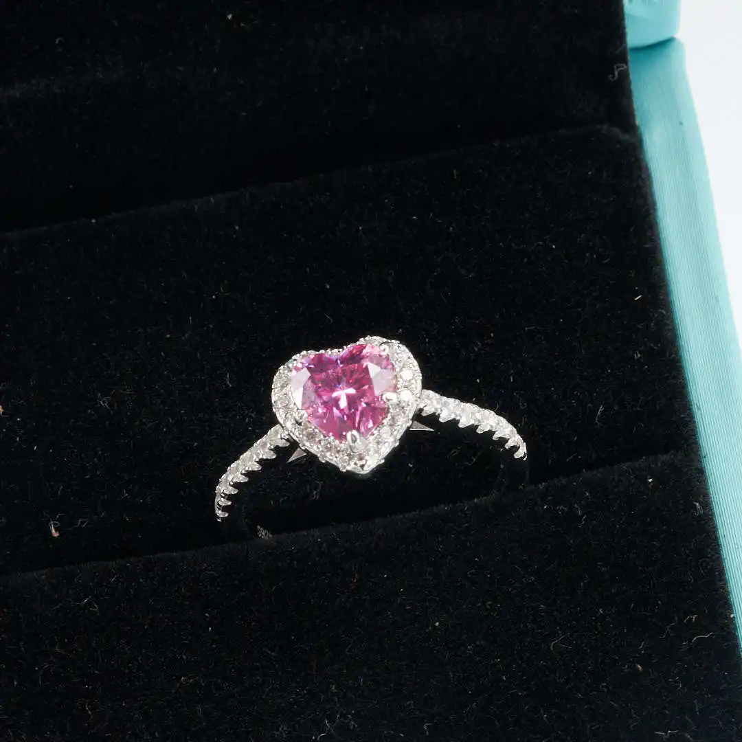 Nueva moda 925 Plata Rosa corazón 1 Ct Moissanite joyería anillo de compromiso aniversario mossanite anillo