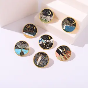 Oil Painting Series Badge Pin Customize Beauty Scenery Moon Star Mountain Metal Enamel Lapel Pins Hard Enamel