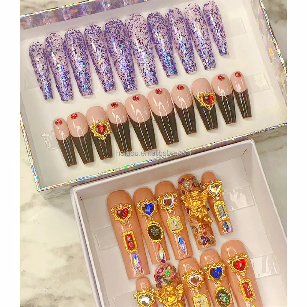 Factory New Designs Custom Nails Acrylic Shiny Glitter Sequins Full Cover Nail Tips Artificial Finger Packaging Box