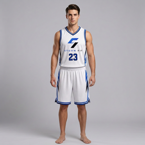 Storm Fit Men's Basketball Uniform Set Sublimated Print V-Neck Sleeveless Moisture Wicking <b>Athletic</b> White Blue - Product Image 1