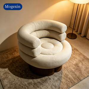 Fauteuil d'appoint élégant en tissu beige, dossier circulaire créatif, fauteuil simple pour salon et chambre à coucher - Product Image 2