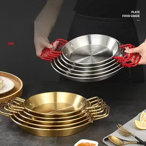 Korean 22CM Golden Stainless Steel Frying Pan Metal Seafood Tray With Handle Spanish Seafood Pasta Pans