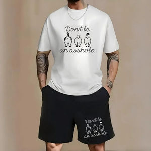 Conjunto de 2 piezas para hombre con estampado divertido de trasero de animal y la frase 'Don't Be An-Asshole', compuesto por camiseta oversize y pantalones cortos con cordón. - Product Image 1