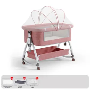 <strong>Top</strong>-Rated Modern Adjustable Baby <strong>Cot</strong> Foldable Bedside Cradle with Storage &amp; Mosquito Net Metal Frame Safety Belt for Newborns - Product Image 6