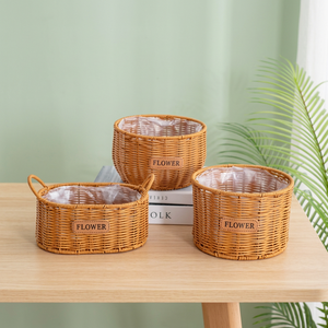 Modern Portable Decorative Storage <b>Basket</b> Flower Pot in Faux Rattan Made of Woven <b>Plastic</b> Double Handles Eco-Friendly Home Decor - Product Image 2