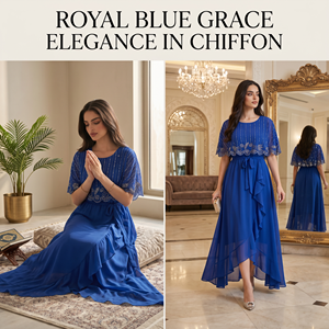 Abaya de style boutique pour femmes musulmanes, bleu roi, en polyester et mousseline, longue, avec manches cape ornées de strass, pour banquets et soirées, ourlet superposé - Product Image 5