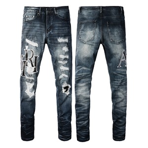 High Street Wind AM <b>Embroidered</b> <b>Jeans</b> <b>Men's</b> Ripped Elastic Slim Legs <b>Men</b> Denim <b>Jeans</b> Casual Distressed Streetwear Washed <b>Jeans</b> - Product Image 5