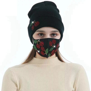 Sombreros tejidos con mascarillas para mujer, 2 piezas, invierno, cálido, con estampado de diamantes de imitación - Product Image 2