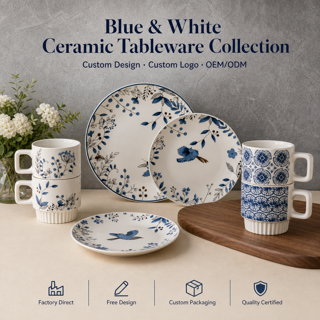2026 Modern Style Ceramic Dinnerware Set High Quality Blue White Eco-Friendly Factory Supply Featuring Ceramic Flowers Plates