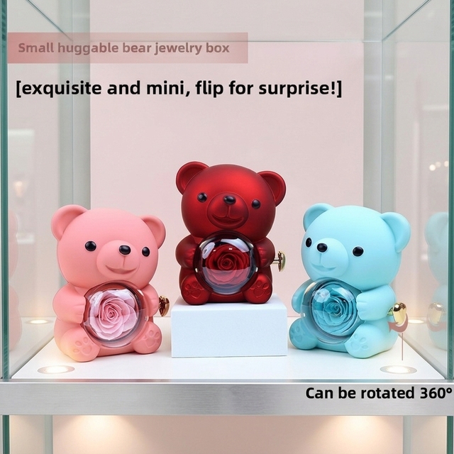 Acrylic Cover Teddy Bear Preserved Rose Valentine's Day Cute Style Jewelry Box Velvet Single Ring Earring Holder Rotating Flower