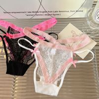 Celana Dalam Bikini Renda untuk Wanita, Gaya Prancis Seksi, Model Cheeky dengan Tali Silang dan Pita Lucu di Belakang, Berongga, Bernapas, Pinggang Rendah