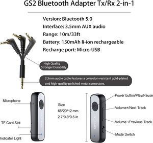 Récepteur émetteur <span class=keywords><strong>Bluetooth</strong></span> GS2 3.5mm <span class=keywords><strong>Jack</strong></span> Aux V5.0 pour <span class=keywords><strong>TV</strong></span> vers écouteurs sans fil - Product Image 2