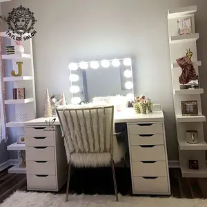 Cermin Furnitur Salon Desain Modern Meja Rias LED Cermin Salon Rambut Stasiun Tukang Cukur MDF dengan Laci