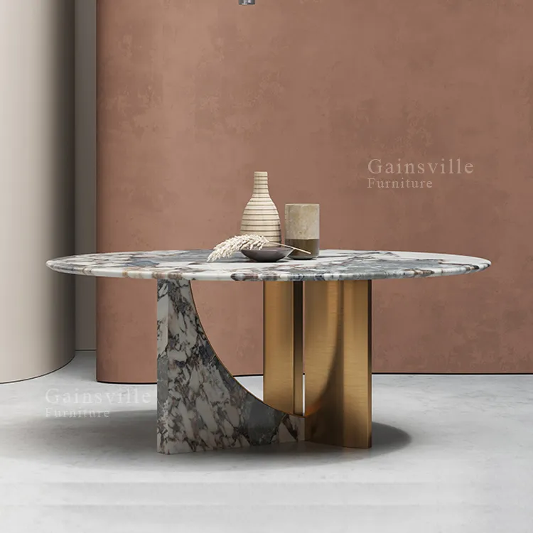Table à manger ronde italienne avec chaises en cuir, table à manger ronde avec plateau en marbre et table à manger rotative
