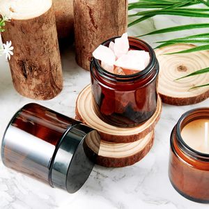 1oz 2oz 4oz 8oz Straight Sided Round Amber Glass Cosmetic Jar with Black Plastic Lid BPA Free <b>Container</b> - Product Image 2