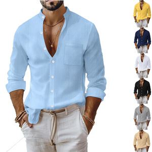 2025 hommes grande taille coton et <span class=keywords><strong>lin</strong></span> <span class=keywords><strong>chemise</strong></span> couleur unie respirant col montant Cardigan affaires décontracté à <span class=keywords><strong>manches</strong></span> <span class=keywords><strong>longues</strong></span> <span class=keywords><strong>chemise</strong></span> - Product Image 1