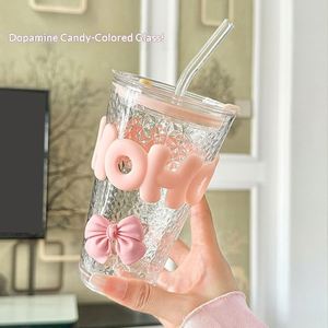 Gobelet en verre à nœud papillon, grande capacité, anti-fuite, résistant aux hautes températures, isolé, pour jus de bureau avec paille - Product Image 1
