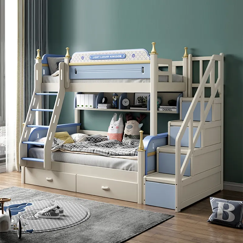 आधुनिक बच्चों के बेडरूम फर्नीचर सेट के लिए रबर लकड़ी सीढ़ियों के साथ बिस्तर चारपाई डबल बेड बच्चों
