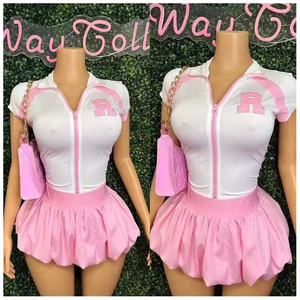 Conjunto de 2 Piezas para Mujer con Estampado de Letras Chaqueta de Béisbol Crop Top y Minifalda Abombada Atuendo Casual Elegante Estilo Urbano - Product Image 1
