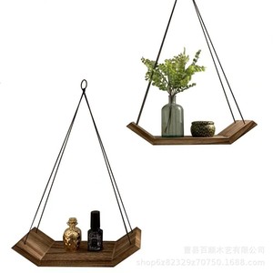 Wooden <b>Hanging</b> Rope Shelf Polygon Shape <b>Wall</b> Mounted <b>Storage</b> Rack For Plants Home Use - Product Image 5