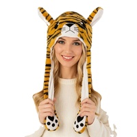 Chapeaux interactifs en peluche à oreilles mobiles imprimé tigre, avec logo personnalisé, accessoires cadeaux d'hiver en gros, en promotion
