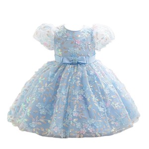 Vestido Elegante para Bebé Niña, Vestido de Tul Azul con Bordado Floral, Mangas Abullonadas y Lazo de Satén, Perfecto para Ocasiones Especiales - Product Image 1