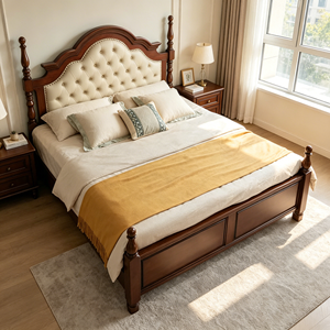 Traditional Upholstered Wooden Bed Frame Queen Size Mahogany Solid Wood Soft Bed with Tufted Headboard and Spindle Posts - Product Image 1