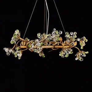 Meerosee flores decorativas lâmpada, ramos de ouro verde e cristal transparente de luxo luz elegante md87042