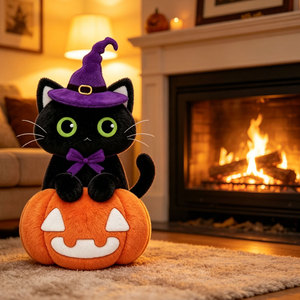 Nouvelle Peluche Personnalisée Chat Noir d'Halloween avec Chapeau de Sorcière OEM ODM, Adorable Peluche Chat Citrouille pour Enfants, Cadeaux de Fêtes - Product Image 3