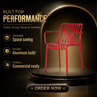 Chaise d'extérieur en aluminium rouge avec accoudoirs, chaise de jardin en métal avec assise à lattes thermolaquée pour patio, balcon, café