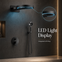 Ensemble de douche mural encastré de luxe en laiton noir mat avec LED, fonction pluie, barre coulissante pour douchette à main et idéal pour projets hôteliers