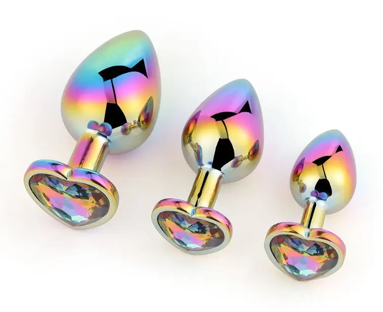 Hotselling anus sex toy heart shape rainbow color metal anal plug stainless butt plug with jewel