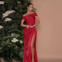 RedPeony 2025 Robe Maxi Femme en Satin Épaule Dénudée Sexy, Fendue Haute sur le Côté, Taille Froncée, Volants, pour Bal, Soirée Formelle et Fête